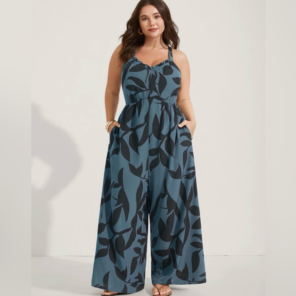 Navy  & Cream Leaf-Print Maxi romper